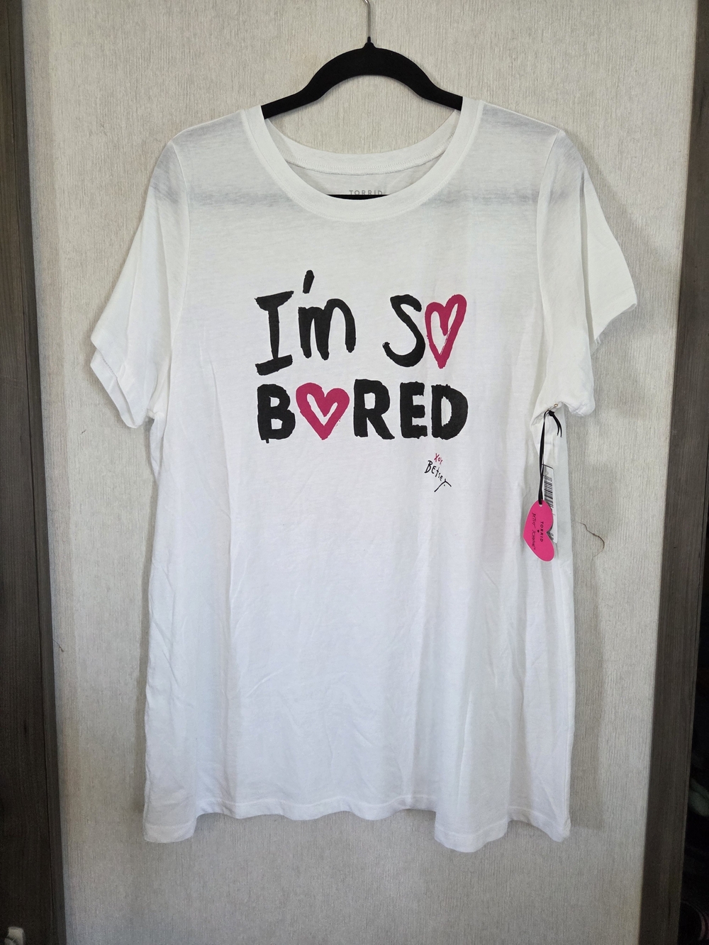 Betsey Johnson White Graphic Tee with Pink Heart Accents